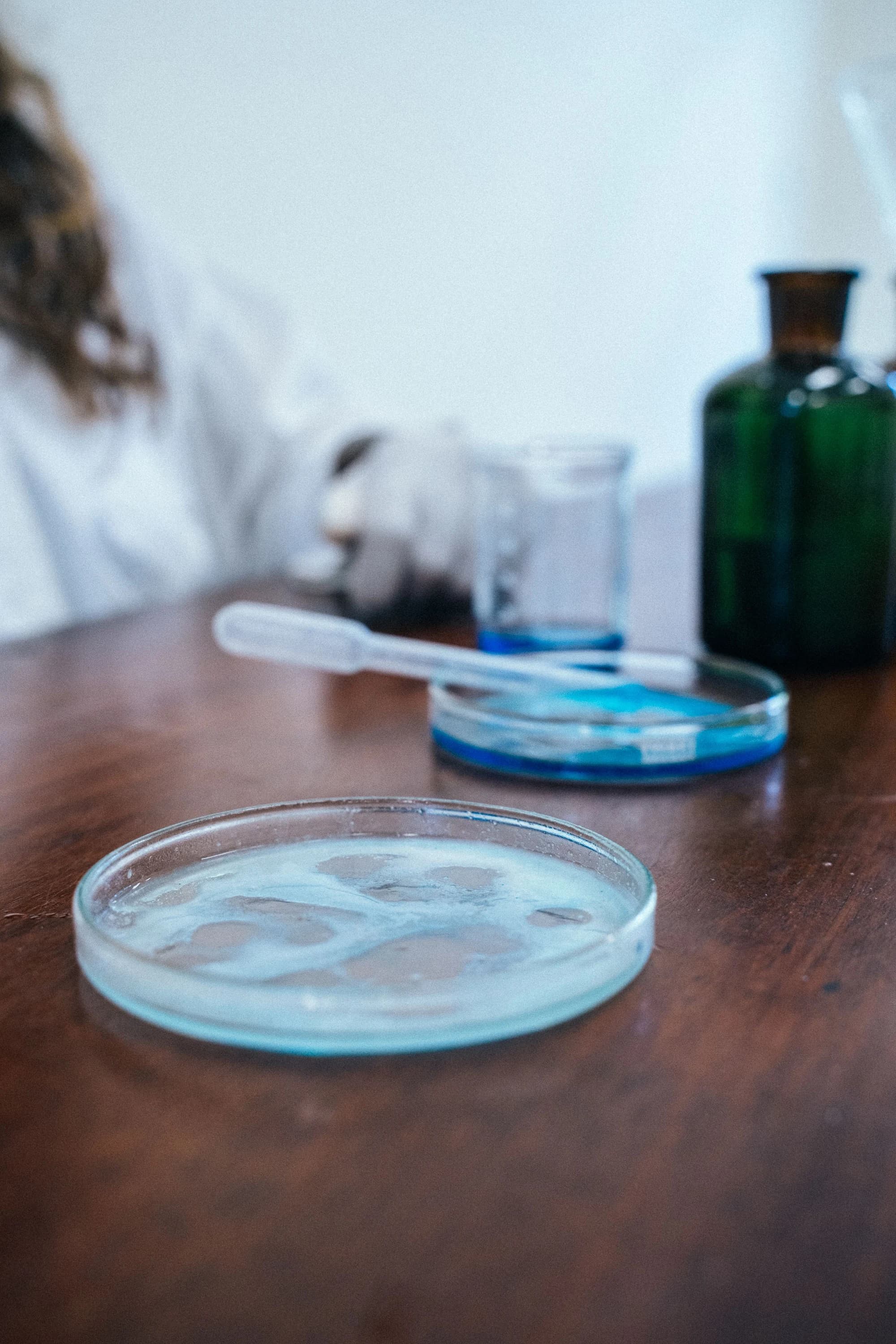 Laboratory worker with Petri dishes and glassware