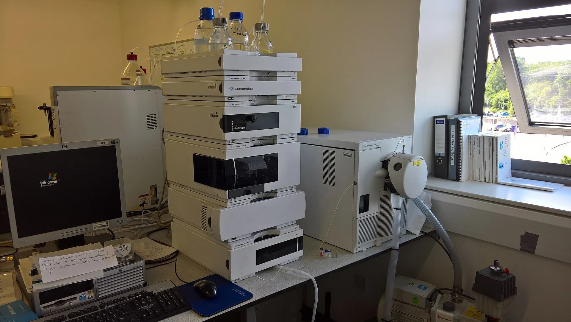Liquid chromatography and mass spectrometry system in a laboratory